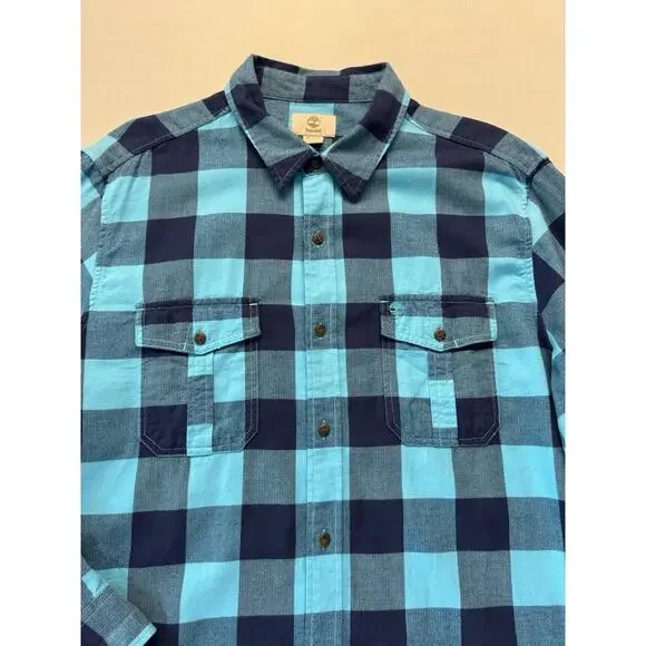 TIMBERLAND Cotton Flannel Button Up Shirt Men's Size XL Regular Aqua Navy Check - Picture 3 of 14